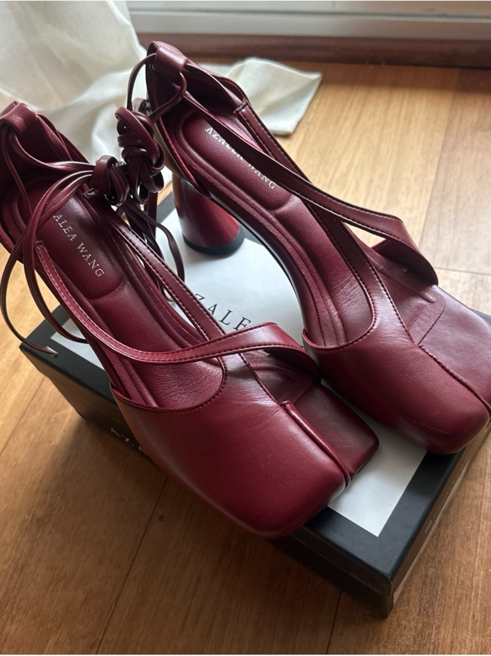 Aleka Wang Burgundy Leather Tabi Block Heels with Ankle Wrap